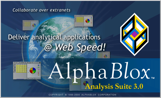 The first billboard screen shown during the installation of AlphaBlox Analysis Suite 3.0.  It shows a globe with several screen shots of Analysis Suite connected by lines around the globe.