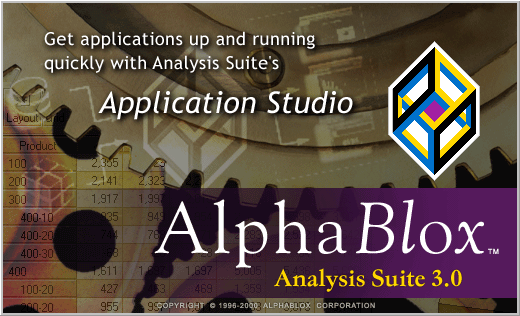 The second billboard screen shown during the installation of AlphaBlox Analysis Suite 3.0.  It shows gears interlocked with images of Analysis Suite overlayed on top.