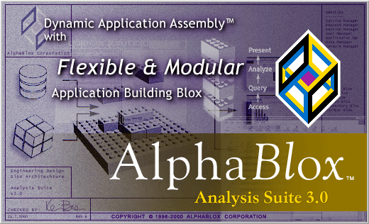The third billboard screen shown during the installation of AlphaBlox Analysis Suite 3.0.  It shows what looks like a paper architectural blueprint with Lego blocks interlocking to symbolize components of AlphaBlox interlocking to funcion.
