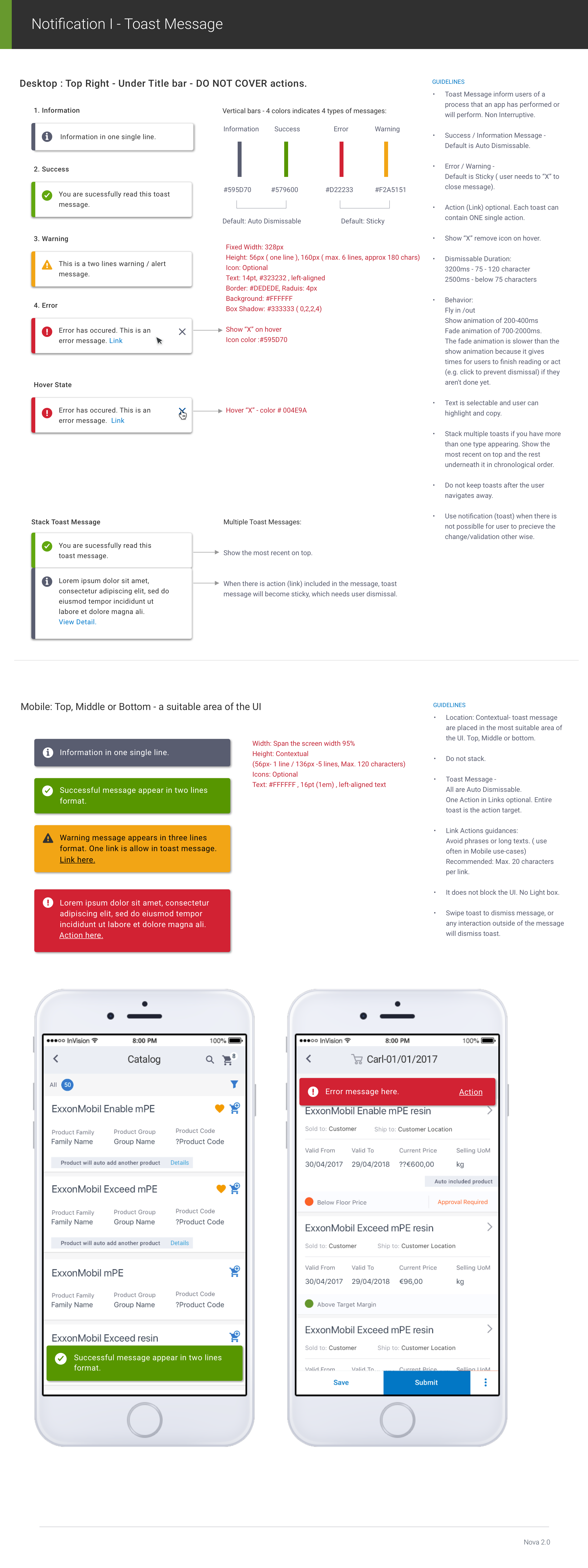 Notification specification screen from the Apttus NOVA Design System.