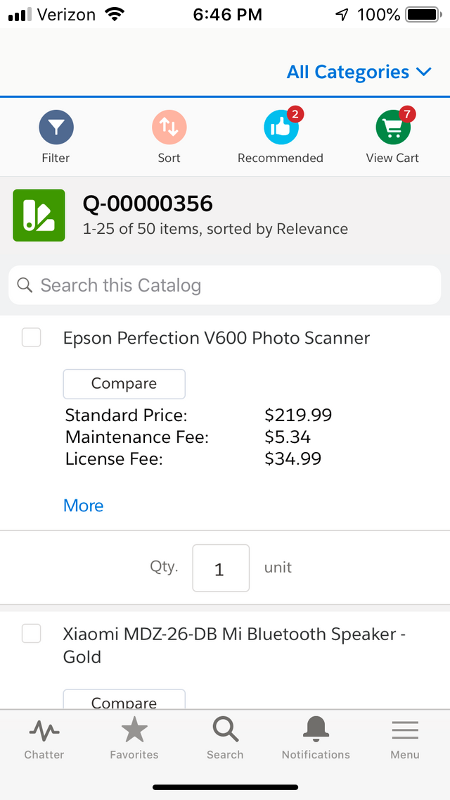 Mobile screen showing initial Apttus CPQ Catalog page.