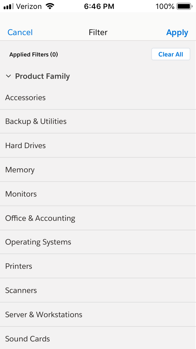 Mobile screen showing Apttus CPQ Catalog filter page.