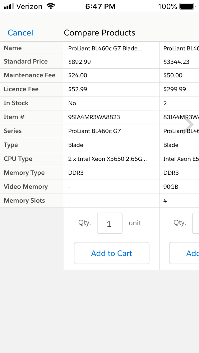 Mobile screen showing Product Comparison page in Apttus CPQ.