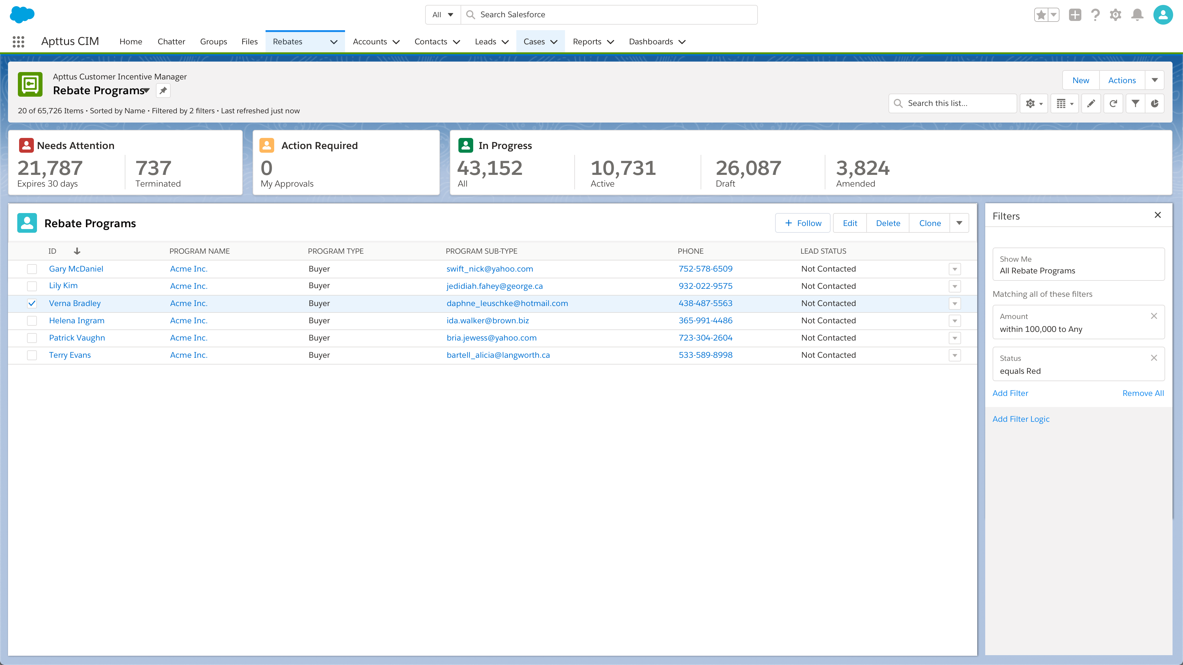 External monitor size version of Apttus Rebates main dashboard UI.