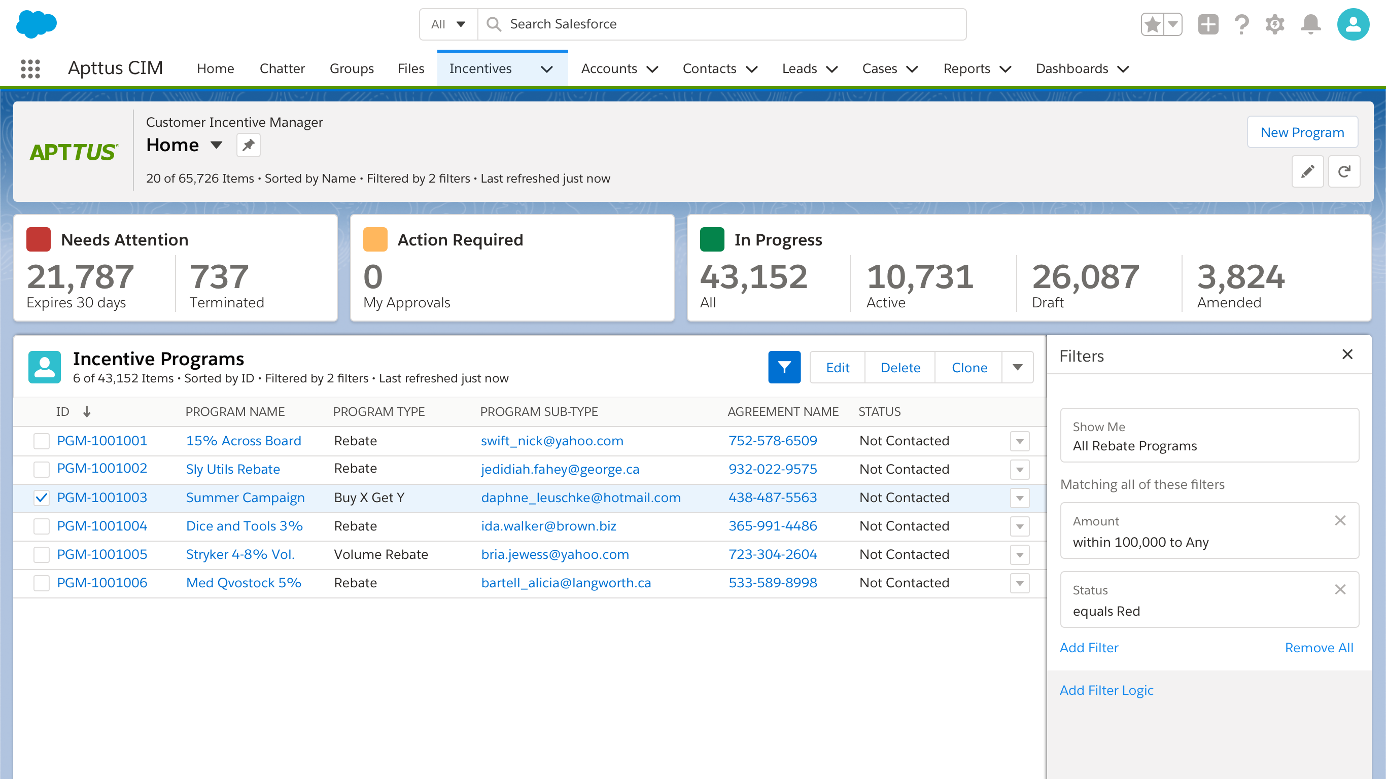 Laptop size version of Apttus Rebates main dashboard UI.