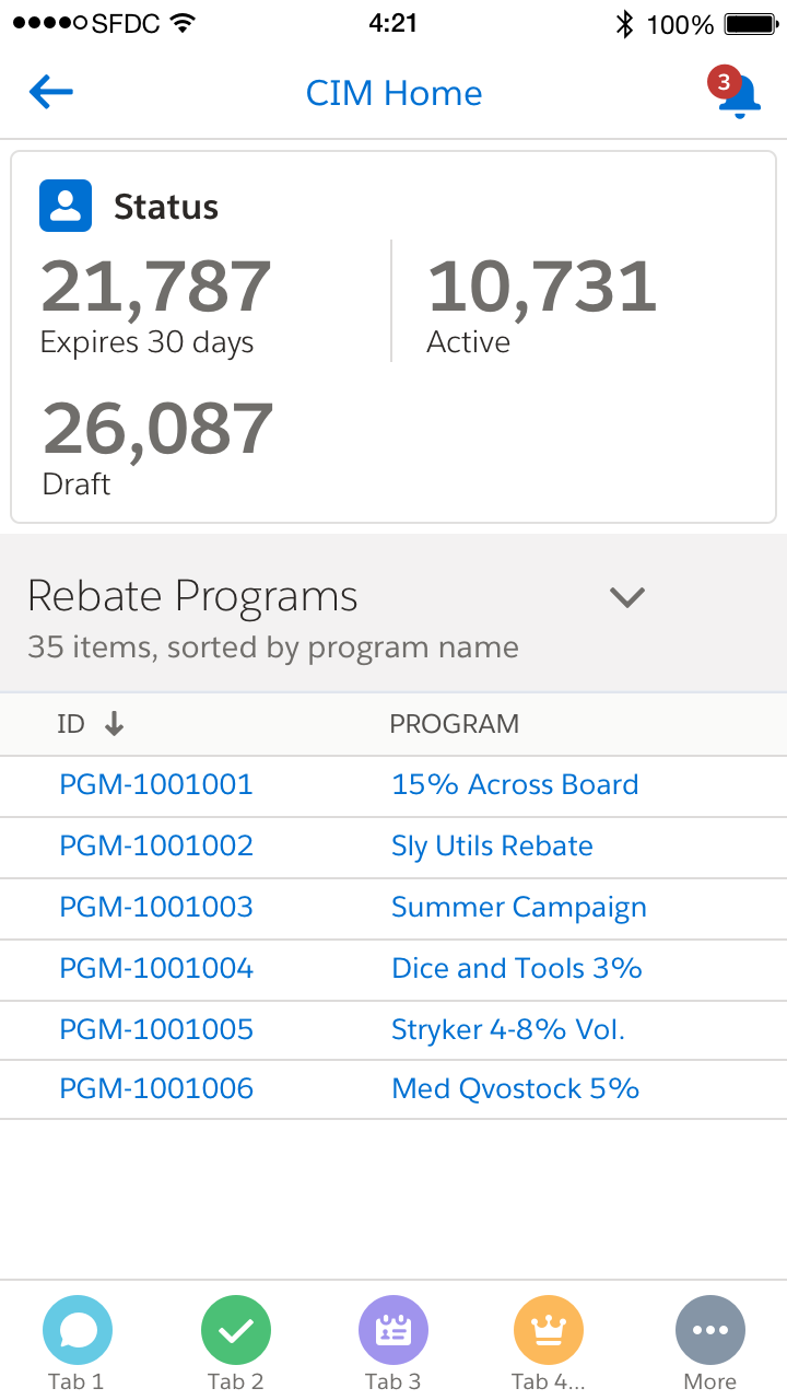 Smart phone size version of Apttus Rebates main dashboard UI.