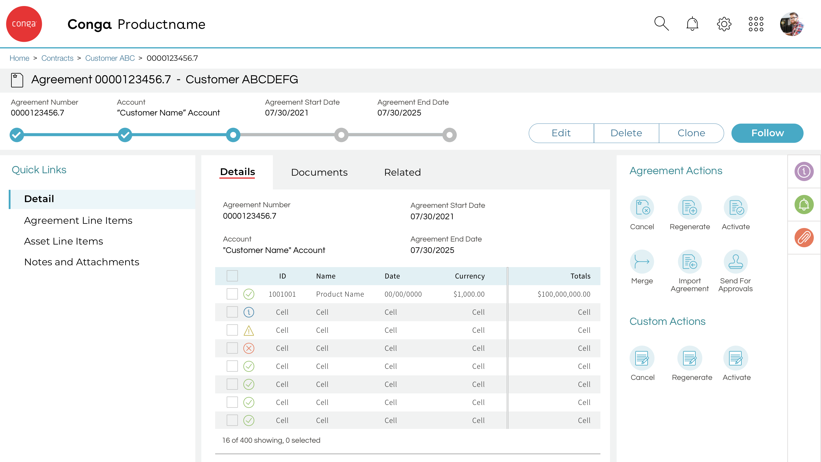Example screen showing how UI colors might be applied to a typical UI using the Conga Luau Design System.