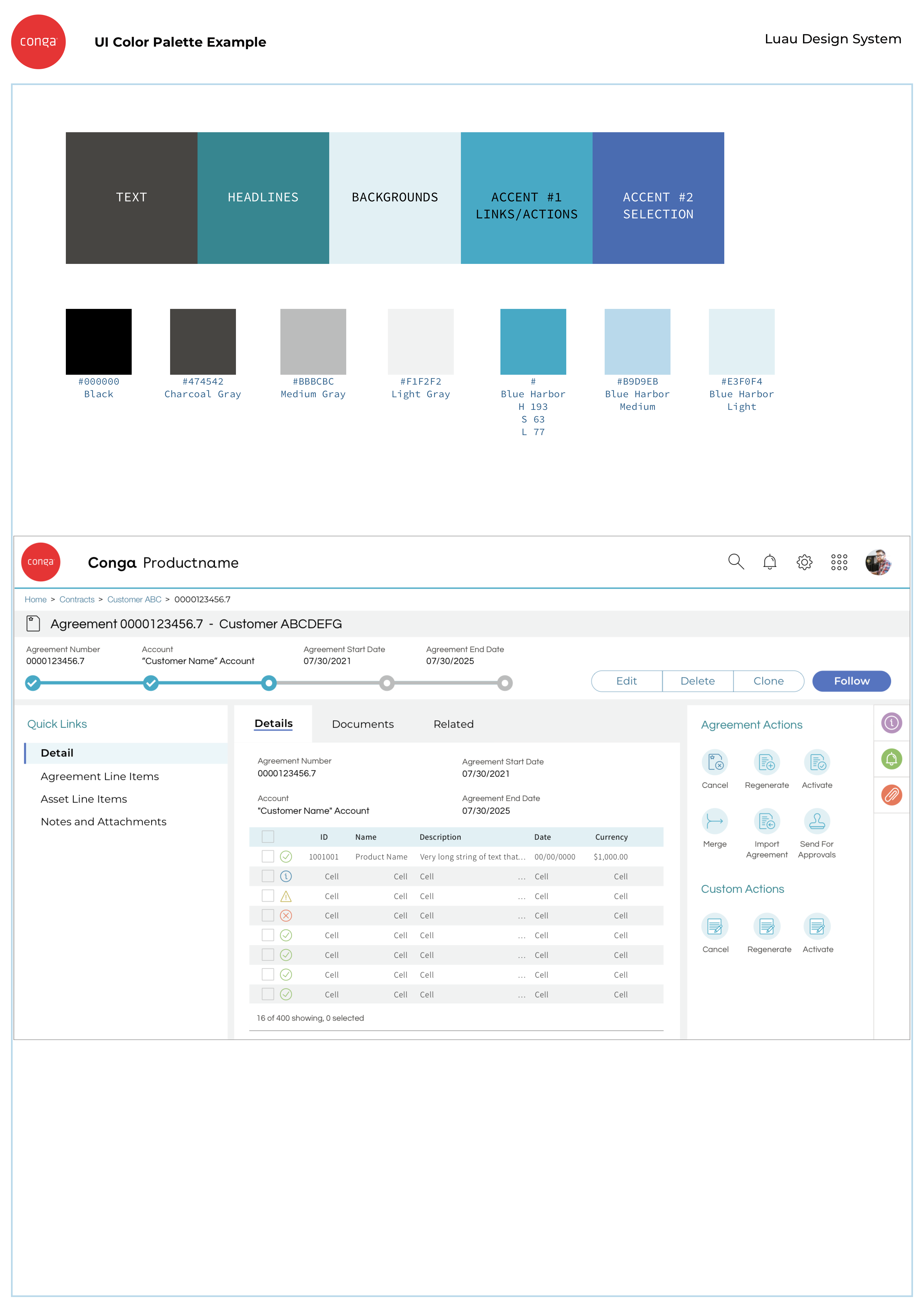 UI color palette example screen showing how UI colors might be applied to a typical UI using the Conga Luau Design System.