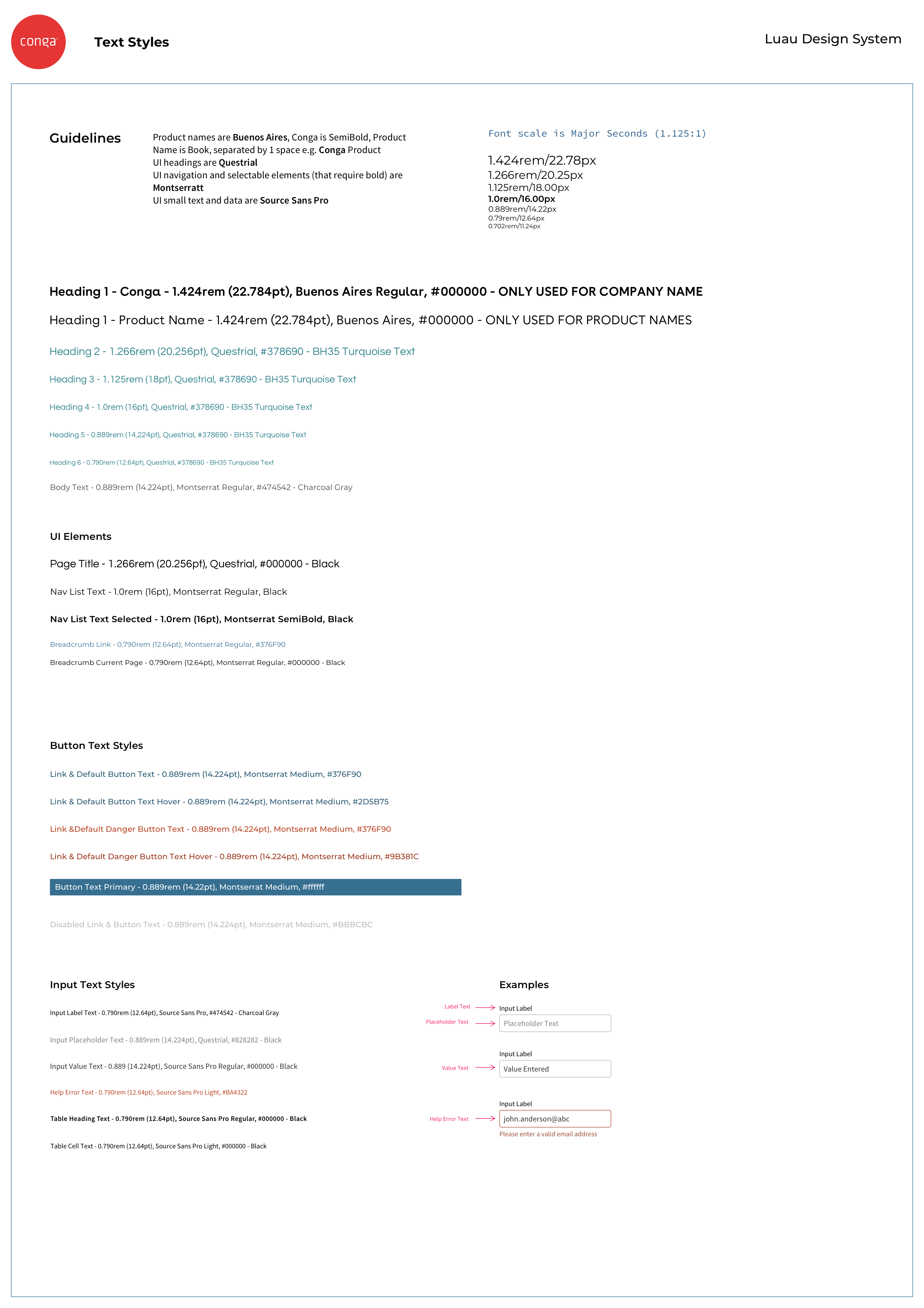 Text style specification for the Conga Luau Design System.