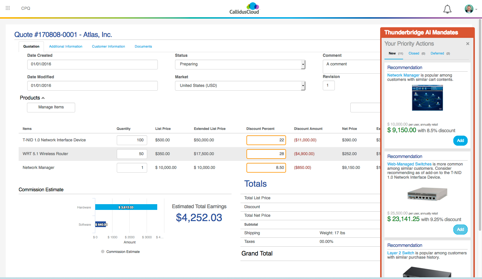 Screen capture of stand-alone interactive HTML/CSS/JS application used for the keynote demonstration at CallidusCloud's annual Las Vegas conference.  This shows the CPQ Quote page with recommendations to improve closing the sale and increasing commissions.