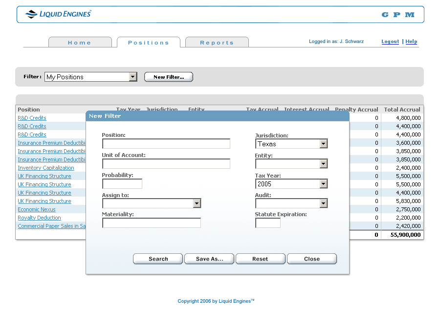 Screen capture of DHTML code used as intial UI for LiquidEngines GPM software.