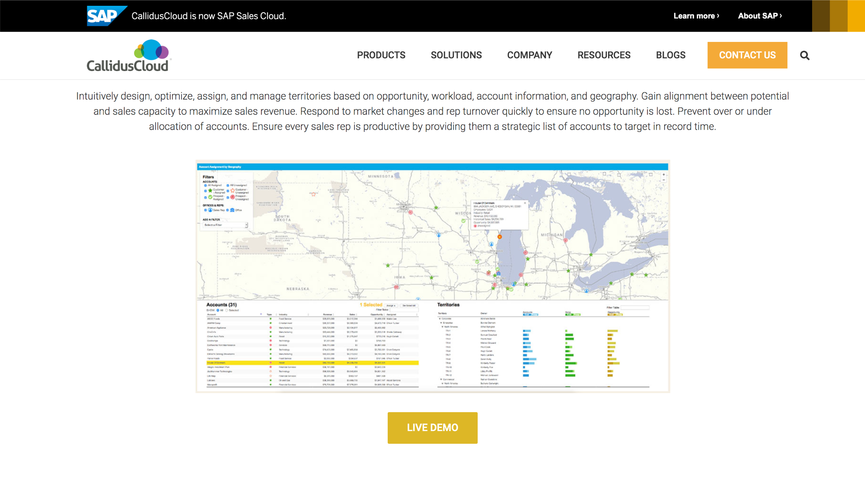 Screen capture of the current CallidusCloud/SAP web site showing this same product UI used as the main call to action image on the site.