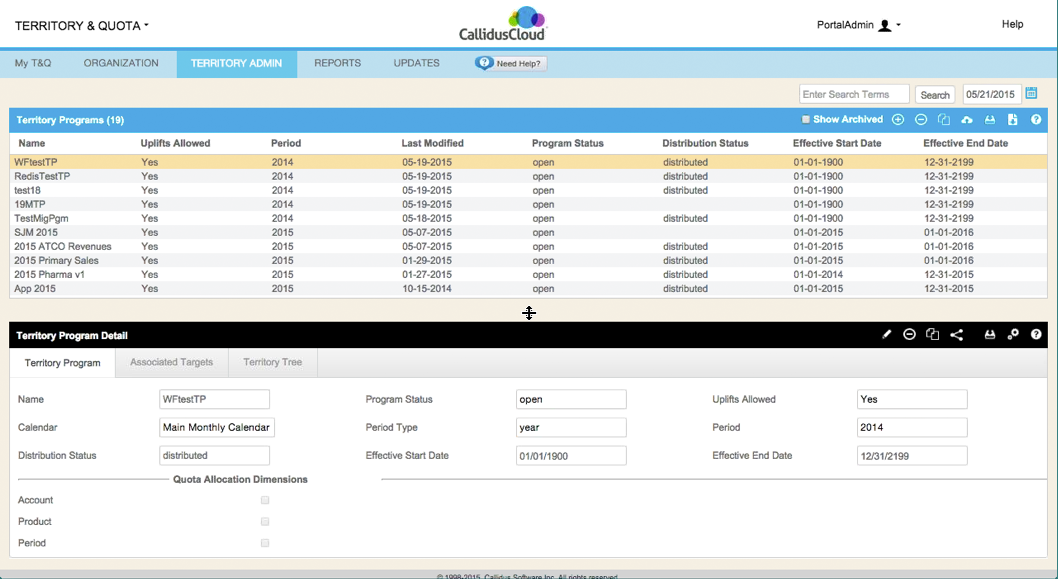 Screen capture of CSS reskinned Territory and Quota UI.