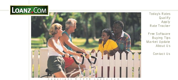 Alternate presentation mockup for Loanz.com web site.  This one shows what appears to be neighbors talking to each other over a pickett fence.
